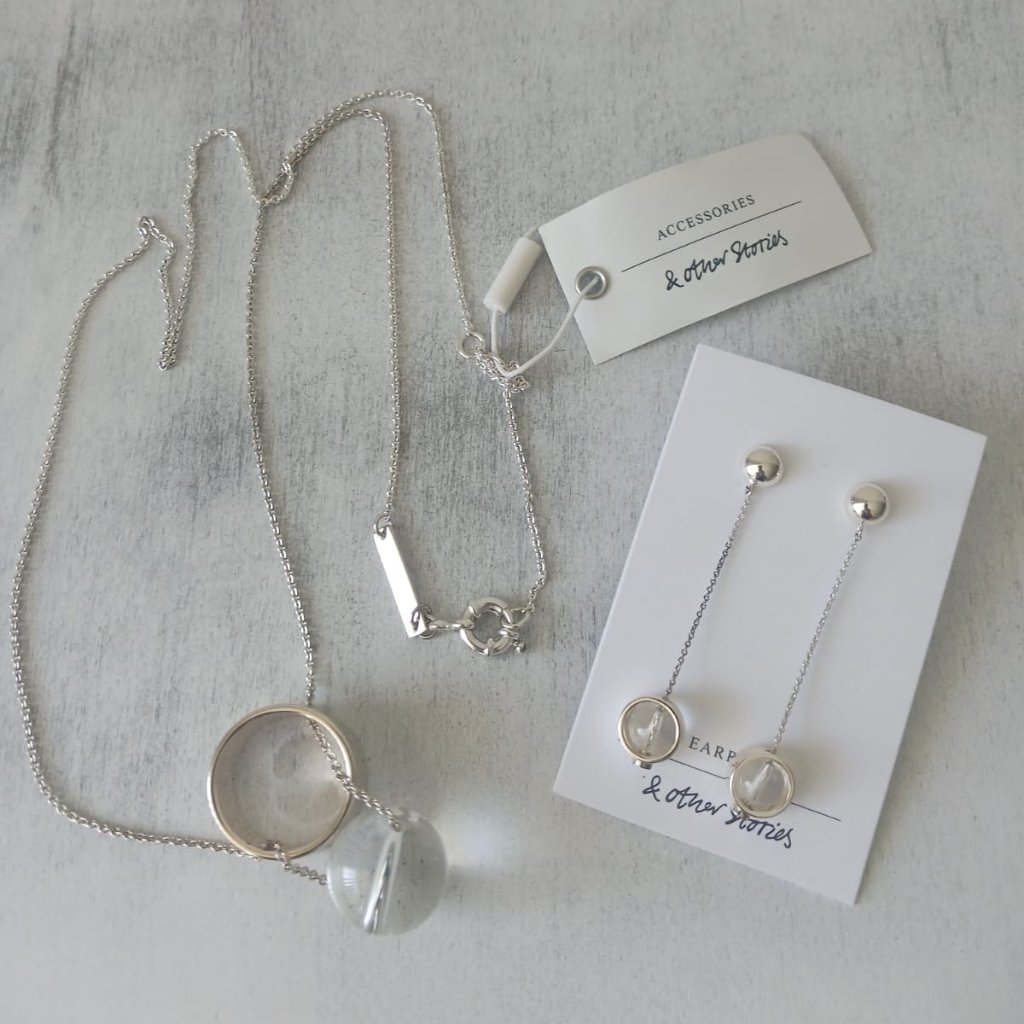 & Other Stories Set Of Orb Pendant Earrings Silver & Clear And Matched Necklace